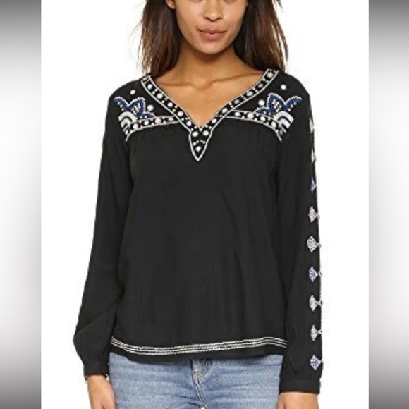 Navy embroidered boho top w/sequins Vneck long button slee - Picture 1 of 11